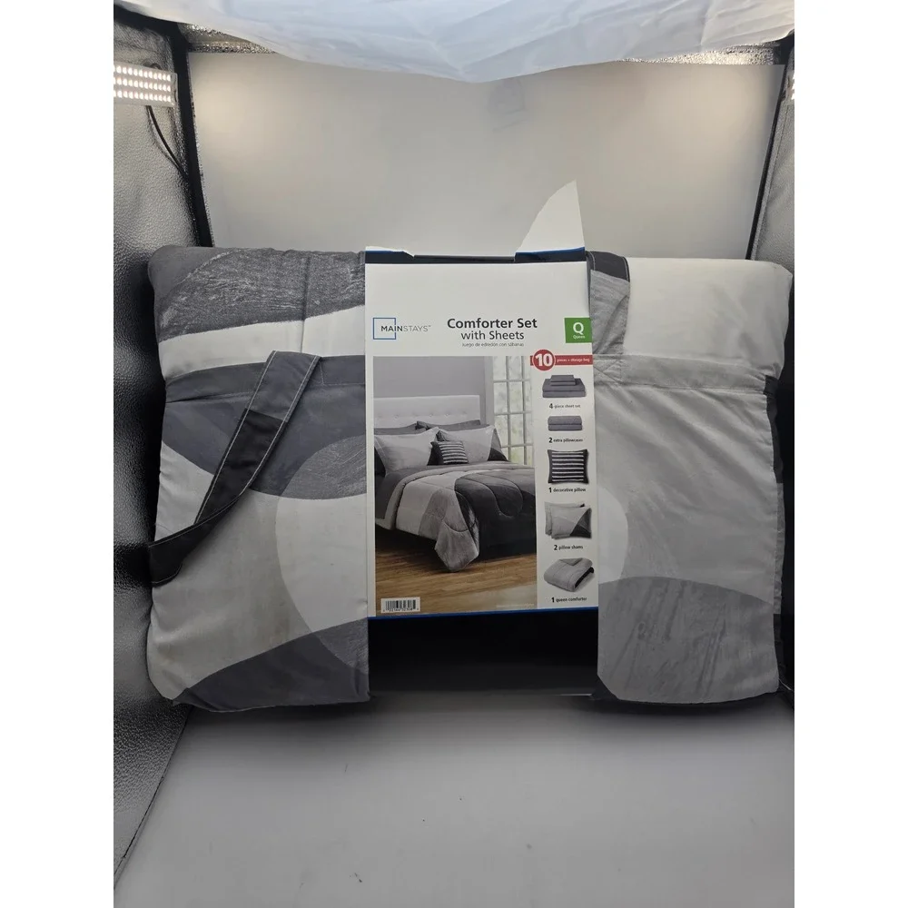 Mainstays Queen Comforter Set 10 Piece Grey White Geometric Sheets Pillow Set
